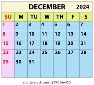 2024 Dezember Monat Kalender Farbe Vektorgrafik Kalender Design. 