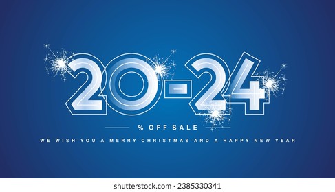 2024 design numbers in shape 20-24 % off sale with line neon numbers over. We wish you Merry Christmas Happy New Year. Sparkle firework abstract white on blue background for banner, poster