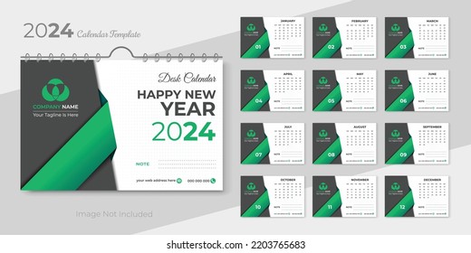 2024 desk calendar design template layout with green and grey color shape, Week starts from Sunday. Modern and minimal wall calendar for 2024 with white background