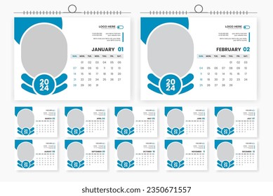 2024 desk calendar design template, 12 page calendar template