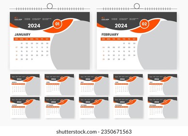 2024 desk calendar design template, 12 page calendar template