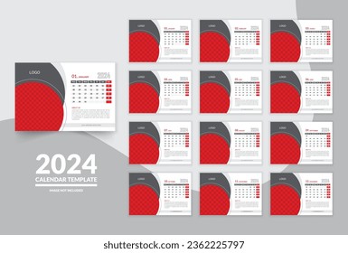 2024 desk calendar design, Vector layout of a wall or desk simple calendar with week start Sunday. 