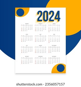 2024 desk calendar layout for office or business use vector