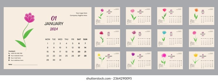 2024 Desk calendar template  with printable creative beautiful flower vector design.Week Starts on Monday.