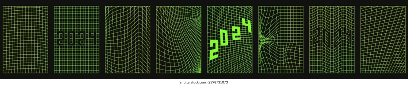 2024 distorted vertical grid set. Green neon posters with soft gradient, banners. 90s, 2000s vaporwave, wireframe, retro futuristic background. New year vector illustration