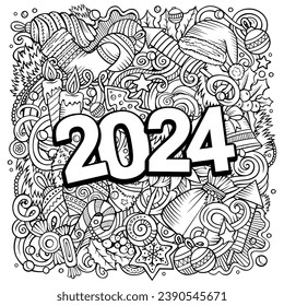 2024 doodles illustration. New Year objects and elements poster design. Creative cartoon holidays art background. Sketchy vector drawing