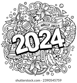 2024 doodles illustration. New Year objects and elements poster design. Creative cartoon holidays art background. Sketchy vector drawing
