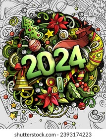 2024 doodles illustration. New Year objects and elements poster design. Creative cartoon holidays art background. Colorful vector drawing