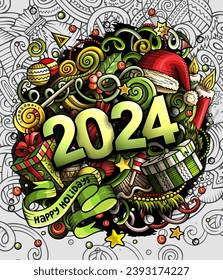 2024 doodles illustration. New Year objects and elements poster design. Creative cartoon holidays art background. Colorful vector drawing