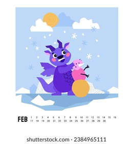 2024 Dragon Calendar. February. Cute Dragon cartoon mascot character. Happy New Year of the Dragon. The dragon made a snowman. Vector