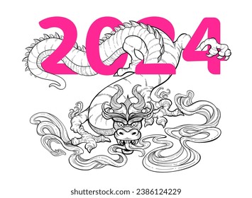 Calendario de dragones 2024. Arte de línea de dragón asiático negro aislado en fondo blanco. Año nuevo chino 2024. Diseño de tatuajes y camisetas. Ilustración vectorial.