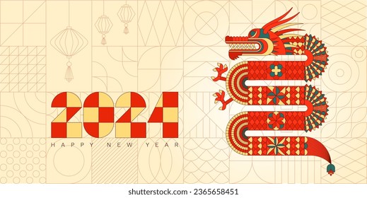 2024 Dragon Lunar Chinese New Year card. Traditional asian character. Modern Geometric Chinese pattern. Asian motif. Grid based design. Flat vector illustration EPS10.