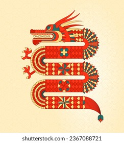 2024 Dragon Lunar Chinese New Year card. Traditional asian character. Modern Geometric Chinese pattern. Grid based design. Asian motif. Flat vector illustration EPS10.