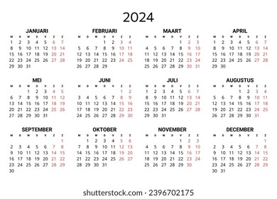 2024 dutch calendar. Printable, editable vector illustration for Dutch. 12 months year kalender. 