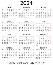 2024 dutch calendar. Printable, editable vector illustration for Dutch. 12 months year kalender. Portrait