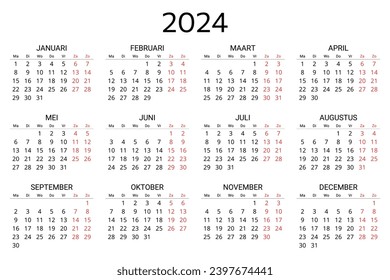 2024 dutch calendar. Printable, editable vector illustration for Dutch. 12 months year kalender. 