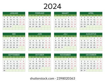 2024 dutch calendar. Printable, editable vector illustration for Dutch. 12 months year kalender. 