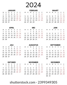 2024 dutch calendar. Printable, editable vector illustration for Dutch. 12 months year kalender. 