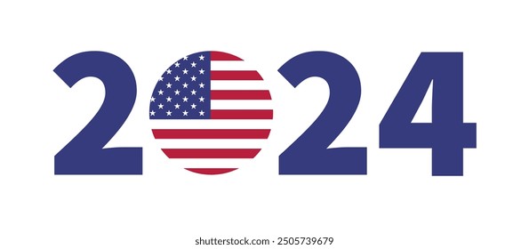 2024 election banner. USA flag among numbers. American flag in a circle shape. Flat vector illustration isolated on white background