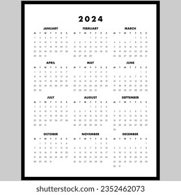 2024 Elegant Black and White Scalable Stripped Yearly Calendar for planning and organization.