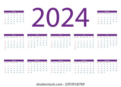 2024 English calendar week starts Sunday template pocket or wall calendar vector.