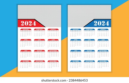 2024 english typographic calender design template. yearly planner design. week starts from sunday and red blue shape.