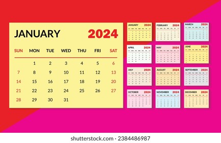 2024 english typographic calender template coloring design. week starts from sunday.