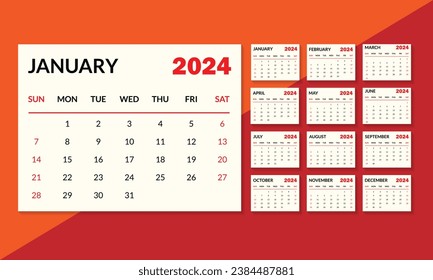 2024 english typographic calender template. week starts from sunday.