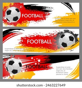 2024 euro soccer cup grunge banners. Vector halftone football sports event promotion and advertisement backgrounds with 3d soccer balls, scratchy strokes and colorful splashes in red, yellow and black