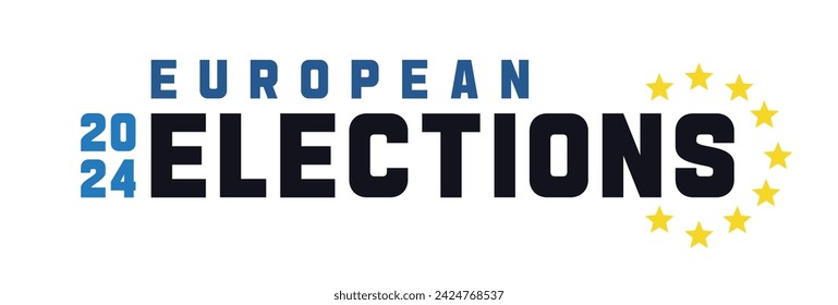 2024 European elections graphic. Bold text and graphic representing the European Union Europe flag colors stylized with the number 2024 and the 12 stars golden circle. Vector design