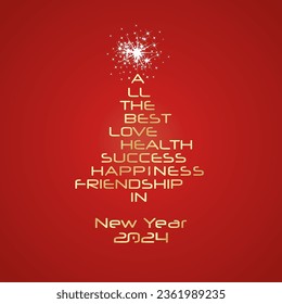 2024 eve All the best in New Year 2024 white typography golden shining Christmas tree wordcloud red background