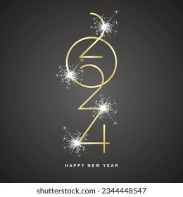 2024 event Happy New Year abstract space oddity numbers typography logo white sparkler firework gold on black background