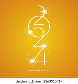 2024 event Happy New Year abstract space oddity numbers typography logo white light sparkler firework on orange yellow background