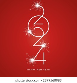 2024 event Happy New Year abstract space oddity numbers typography logo white light sparkler firework on red background