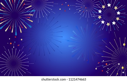 2024 Fireworks festival pattern with decorative elements stars ball abstract holiday shiny starburst blue background vector template happy new year event invitation card ticket banner wallpaper blank