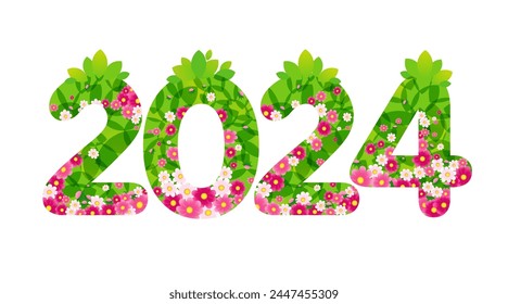 2024 floral concept. Special offer symbol. Background with clipping mask. Creative design with green leaves and pink flowers. Beautiful greeting card. Postcard template. Gift card with 3D elements.