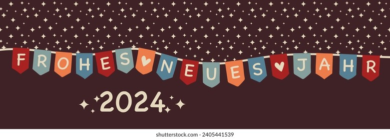 2024 Frohes neues Jahr - lettering in German - Happy New Year. Greeting banner with colorful pennant chain.