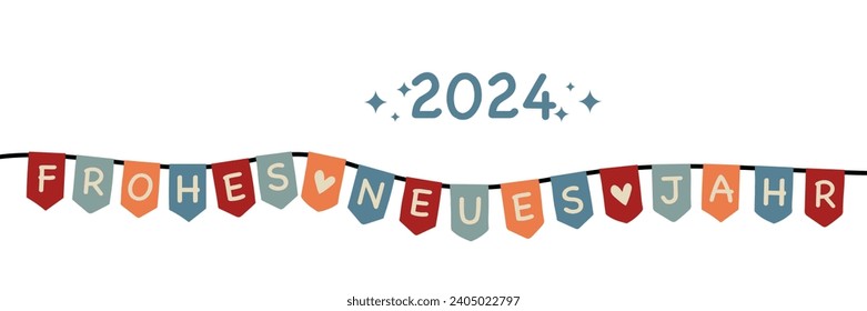 2024 Frohes Jahr - Text auf Deutsch - Frohes Neujahr. Grußbanner mit farbenfrohen Wappenfahnen.