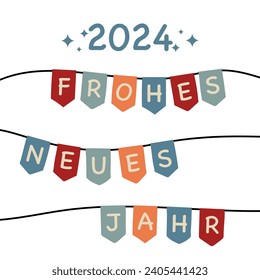 2024 Frohes neues Jahr - text in German language - Happy New Year. Square New Year’s card with colorful pennant flags.