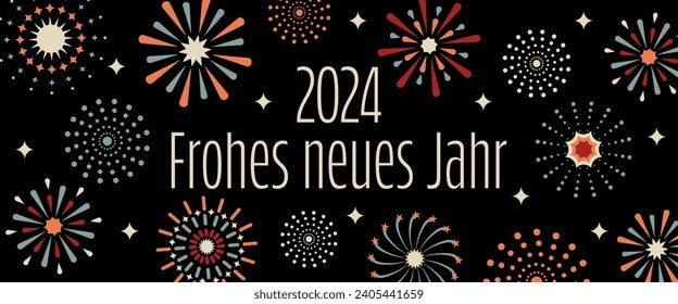 2024 Frohes neues Jahr - texto en alemán - Feliz Año Nuevo. Tarjeta de Año Nuevo con coloridos fuegos artificiales.