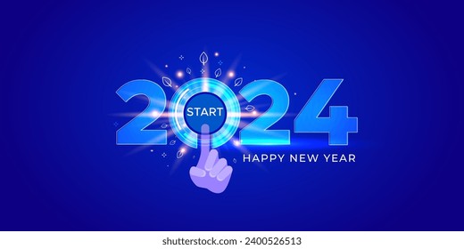 2024 Futuristic, modern technology concept. 2024 number with start button and hand. Vector file