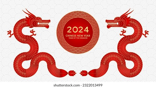 2024 geometric chinese dragon greeting card. Luxury red gold abstract zodiac animal. Modern shape design. Bauhaus tile motif. Line flat vector illustration. Template for greeting card, banner, poster.