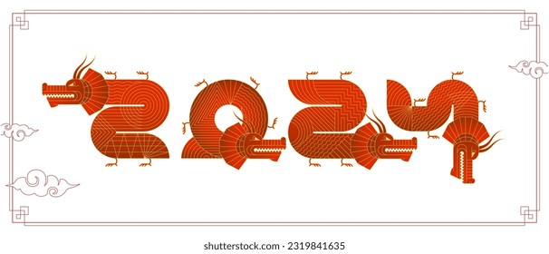 2024 geometric chinese Happy New Year dragons banner. Red abstract China zodiac animal dragon set. Asian modern shapes with linear pattern logo. Frame template for vector oriental calendar or poster