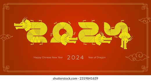 2024 geometric chinese Happy New Year dragons red banner. Gold abstract China zodiac animal dragon. Asian modern shapes with linear decor logo. Frame template for vector oriental calendar or poster