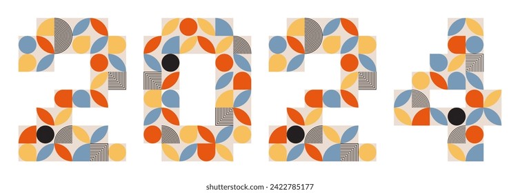 2024 geometric template. Retro abstract design numbers. Happy New Year design element for calendar. Vector illustration on white background
