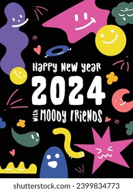 2024 Geometry Abstract Shape card poster happy new year printout Character Cute Various Figures Colorful Vivid Expression Happiness Black Background White eps 