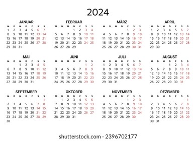 2024 german calendar. Printable, editable vector illustration for Germany. 12 months year kalender. landscape