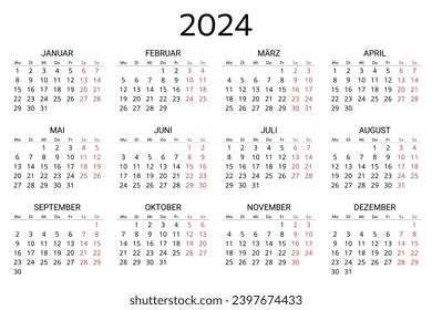 2024 german calendar. Printable, editable vector illustration for Germany. 12 months year kalender. landscape 2