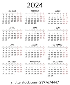 2024 deutscher Kalender. Druckbare, bearbeitbare Vektorgrafik für Deutschland. 12 Monate Kalender. Porträt 