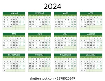 2024 german calendar. Printable, editable vector illustration for Germany. 12 months year kalender. landscape 2